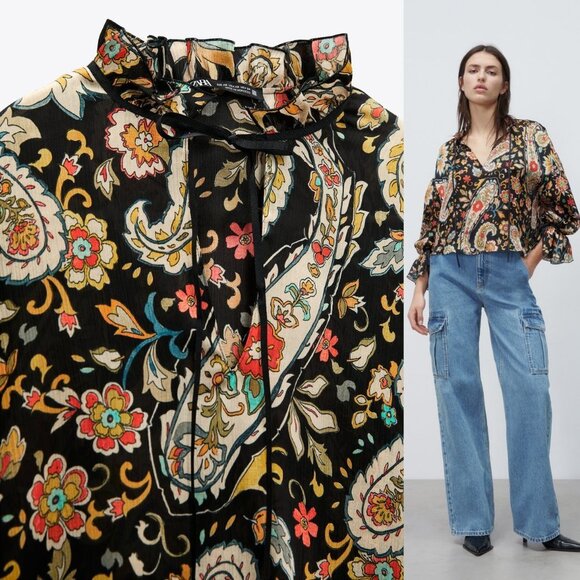 NEW Zara Multicolored Paisley Print High Collar Bow Ruffle Long Sleeves Blouse L - Picture 8 of 10